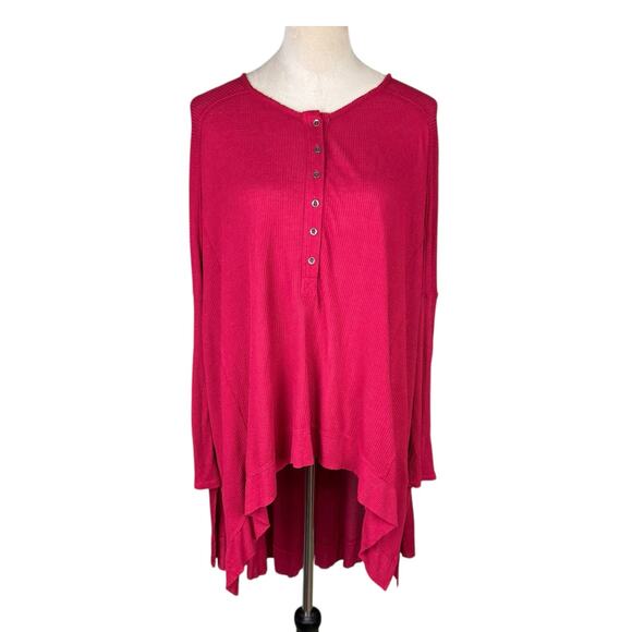 Free People Benedict Henley Strawberry Red Waffle Knit Oversized Hi Low Tunic - Picture 8 of 16